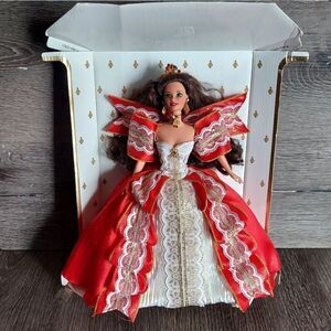 Happy Holidays 1997 Barbie Doll Brunette Christmas Red Ribbon Candy Dress